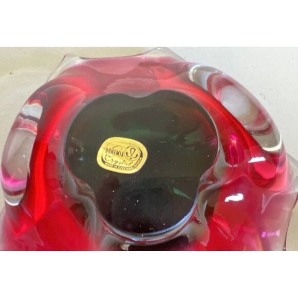 Vintage Bohemia Crystal Red & Clear Art Glass Bowl Made In Czechoslovakia Ruffle - Picture 6 of 9